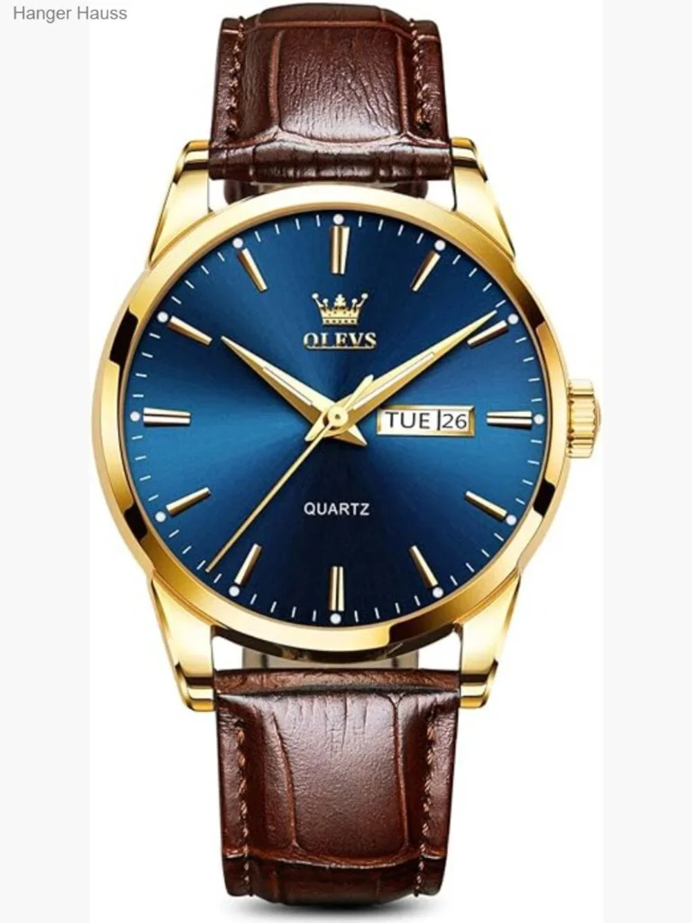 Quartz Leather Dress Watch 38mm Gold Case Day Date Water Resistant Business